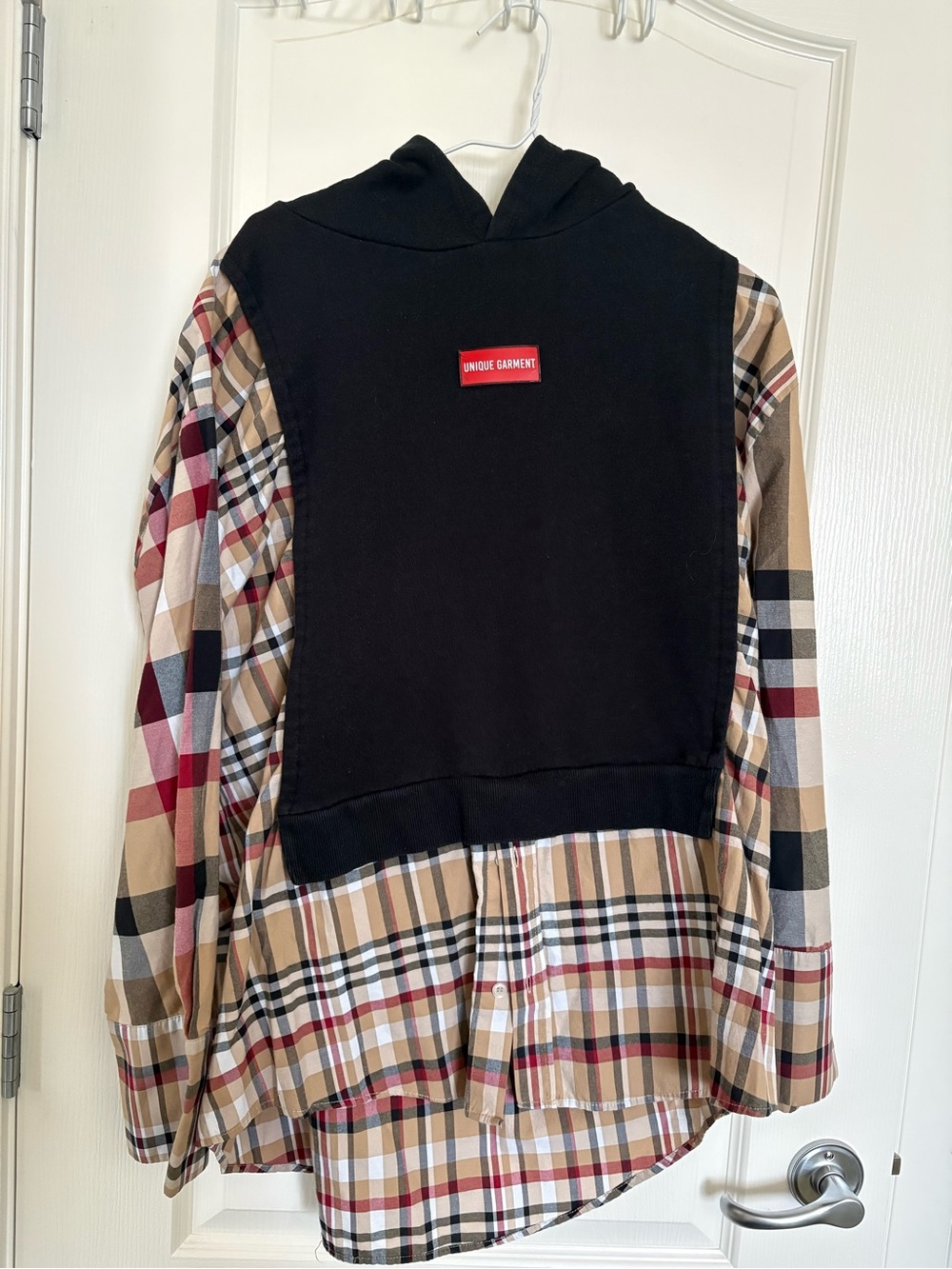 Zara Black Front Hoodie with Tan Plaid Back & Sleeves